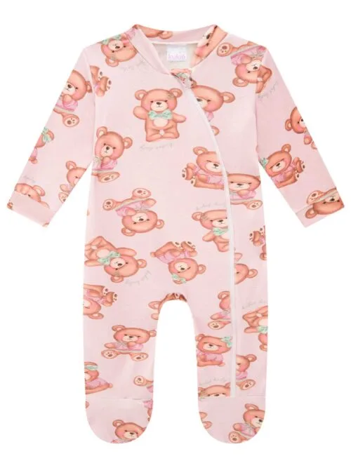 Macacão Bebê Kukiê Longo ML Ursinhos Rosa