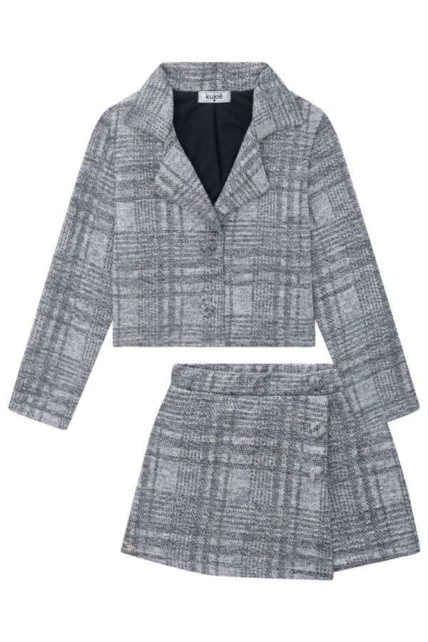 Conjunto de Blazer Boxy e Short-saia em Malha Tweed Brilho 71259 Kukiê