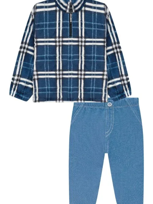 Conjunto de Blusão Bomber em Pelo Xadrez e Calça Skinny em Malha Denim 71995 LucBoo